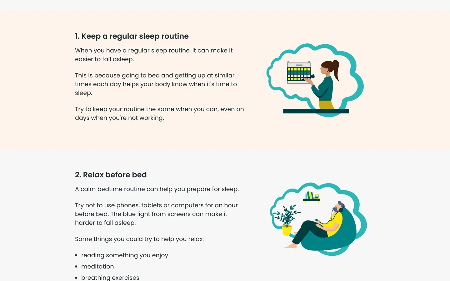 Screenshot of the NHS Every Mind Matters page on how to fall asleep faster and sleep better.