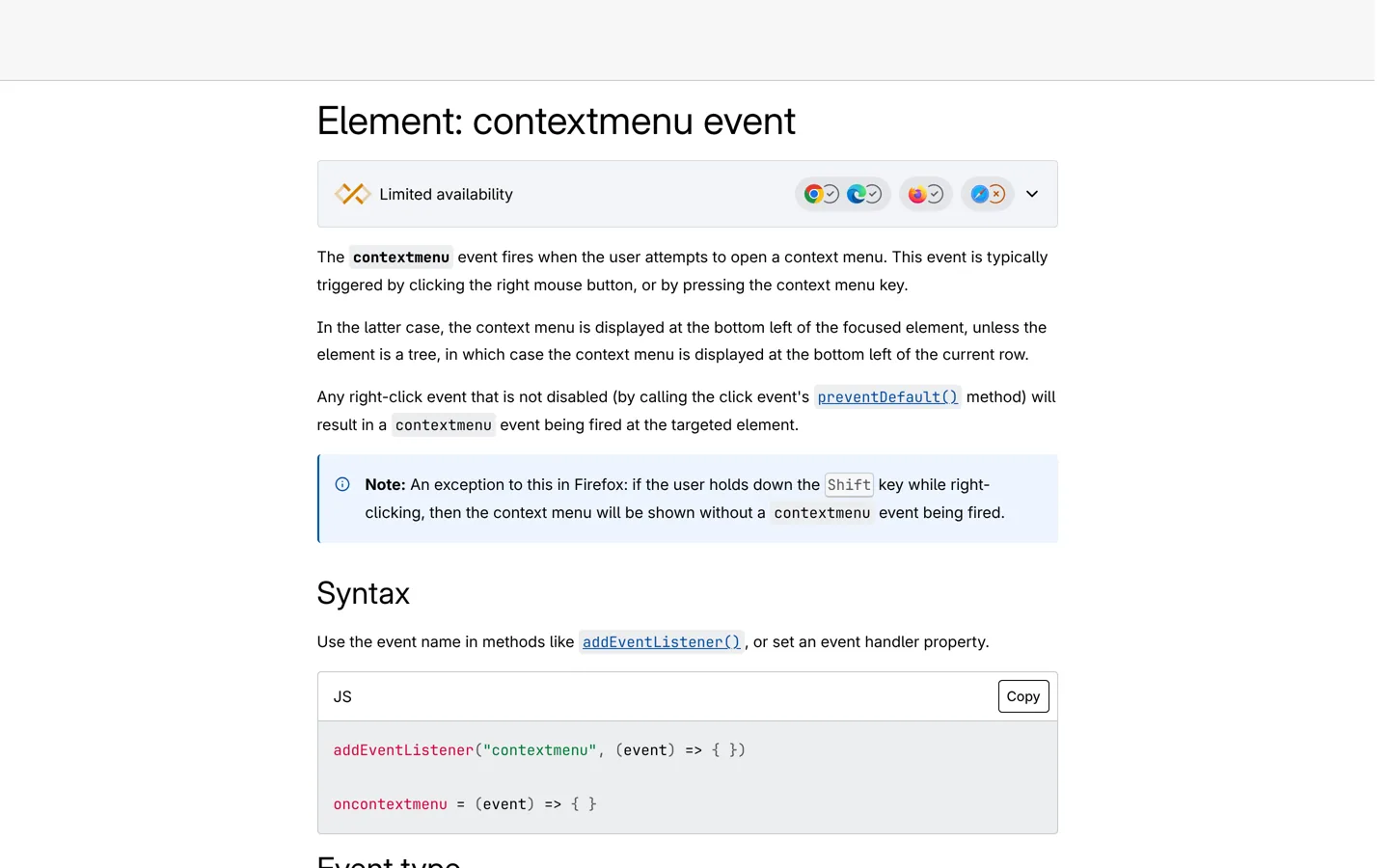 Screenshot of MDN Web Docs page for the contextmenu event.