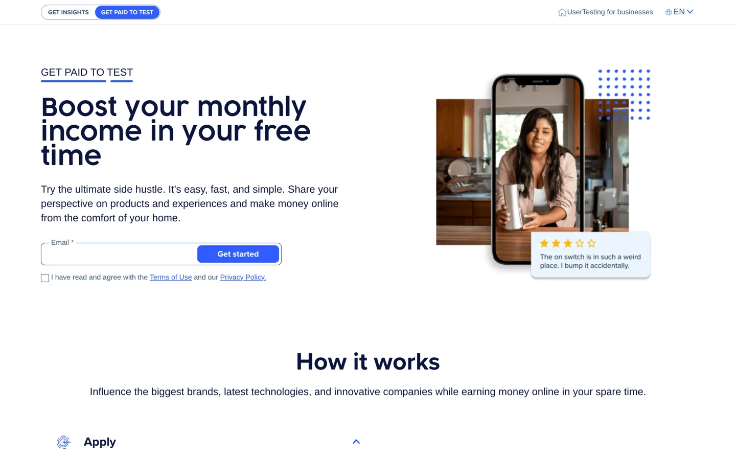 Screenshot of UserTesting's Get paid to test page.