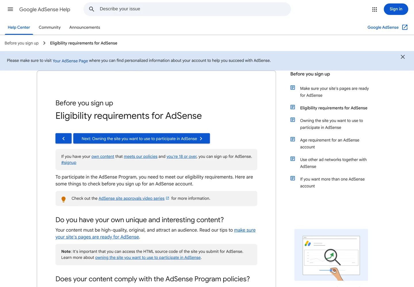 Screenshot of Google's AdSense Help page on eligibility requirements.