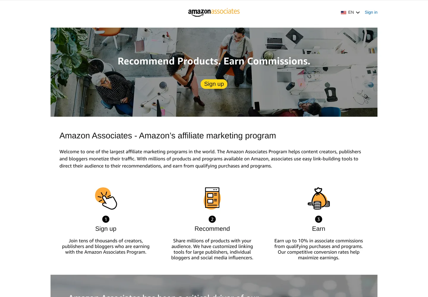 Screenshot of the Amazon Associates home page.