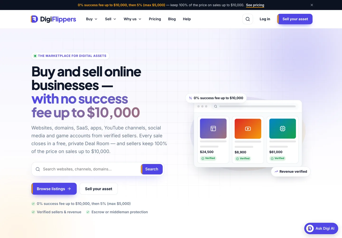 Screenshot of the DigiFlippers marketplace home page.