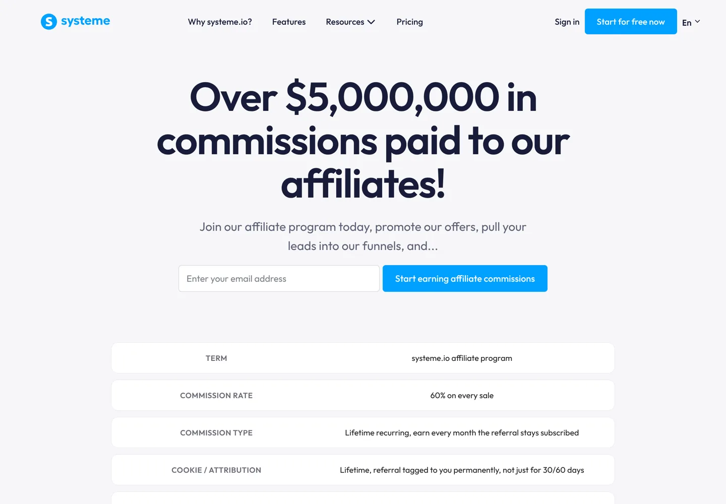 Screenshot of Systeme.io's affiliate programme page.