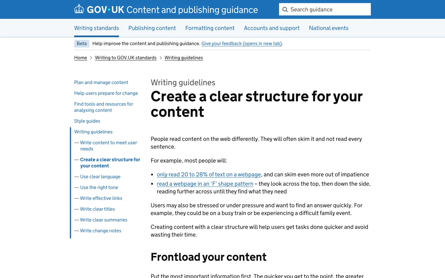 Screenshot of GOV.UK's guidance on creating a clear structure for content.