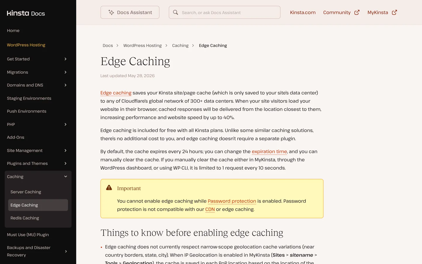 Screenshot of Kinsta's edge caching documentation.