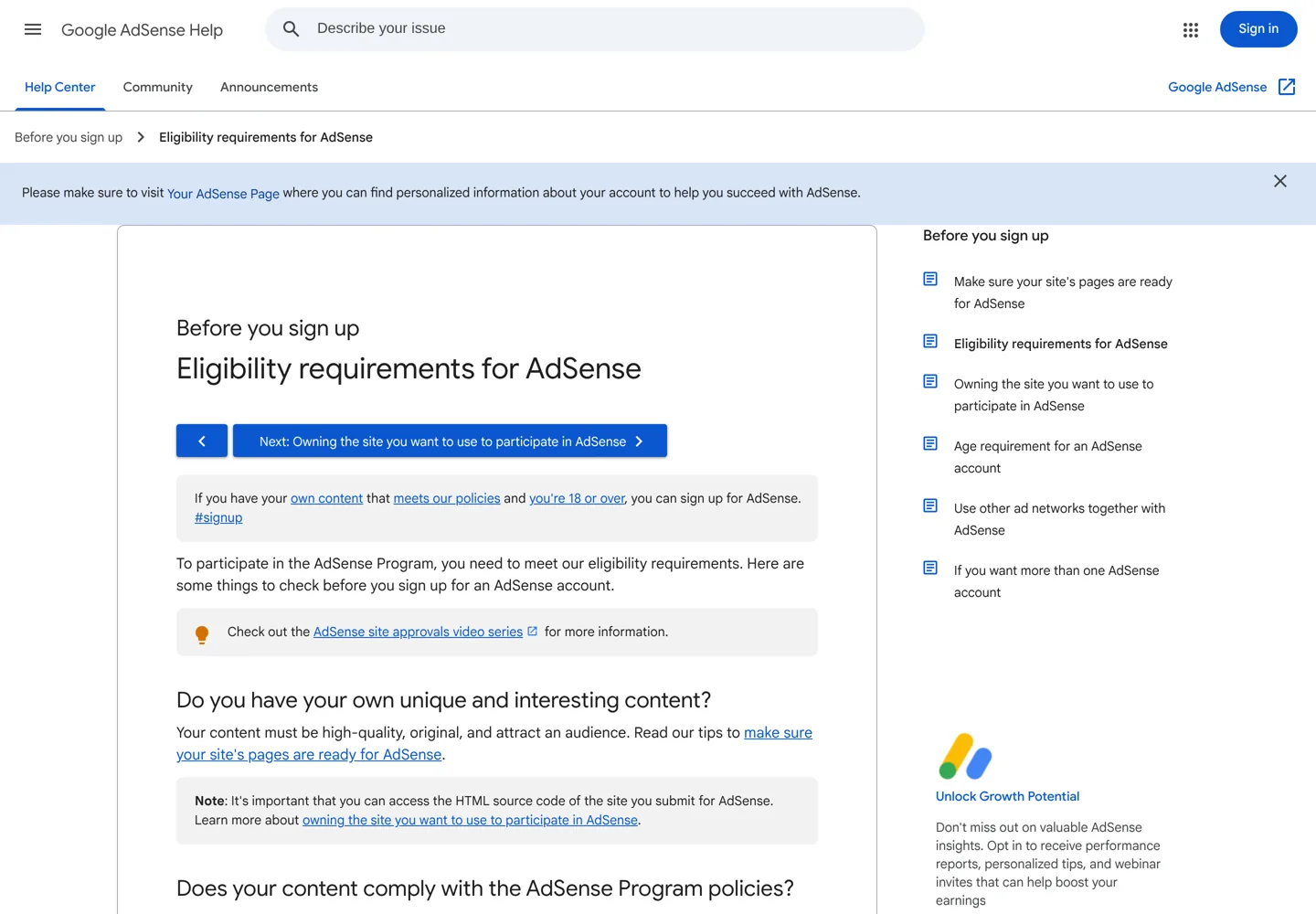 Screenshot of Google's AdSense Help page on eligibility requirements.