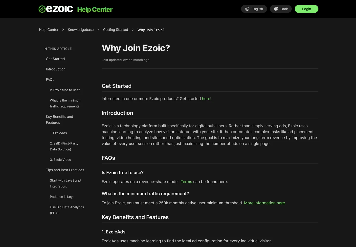 Screenshot of Ezoic's support article 'Why join Ezoic?'.
