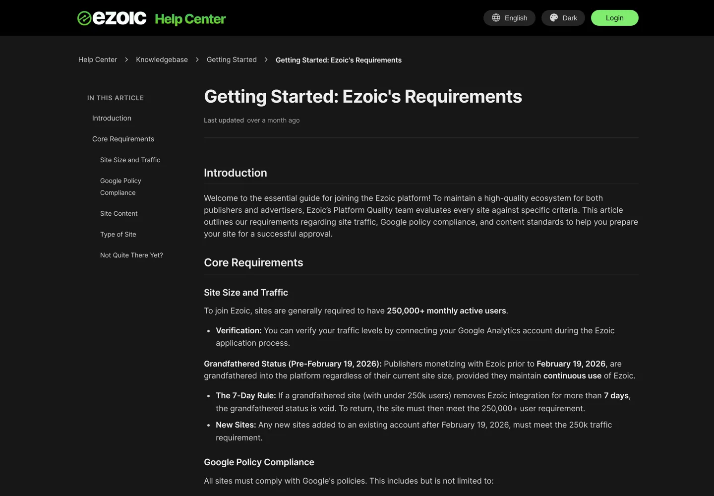 Screenshot of Ezoic's support article on its requirements, including the 250,000 monthly active users rule.
