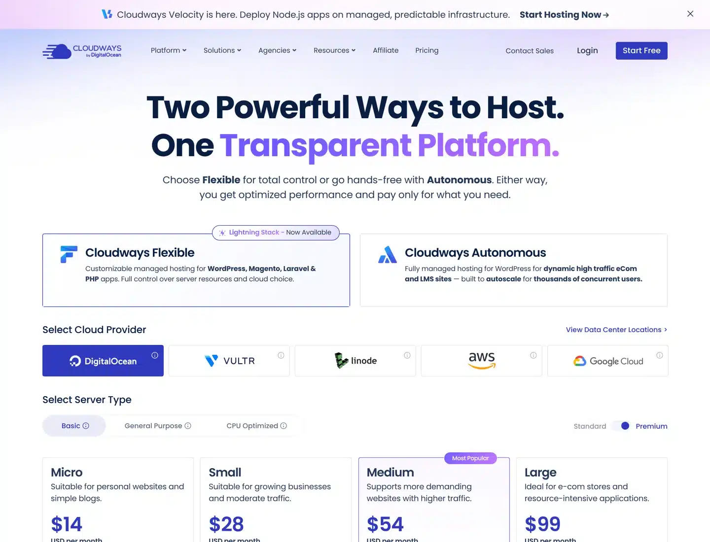 Screenshot of Cloudways' pricing page with the Flexible plans from $14 a month.