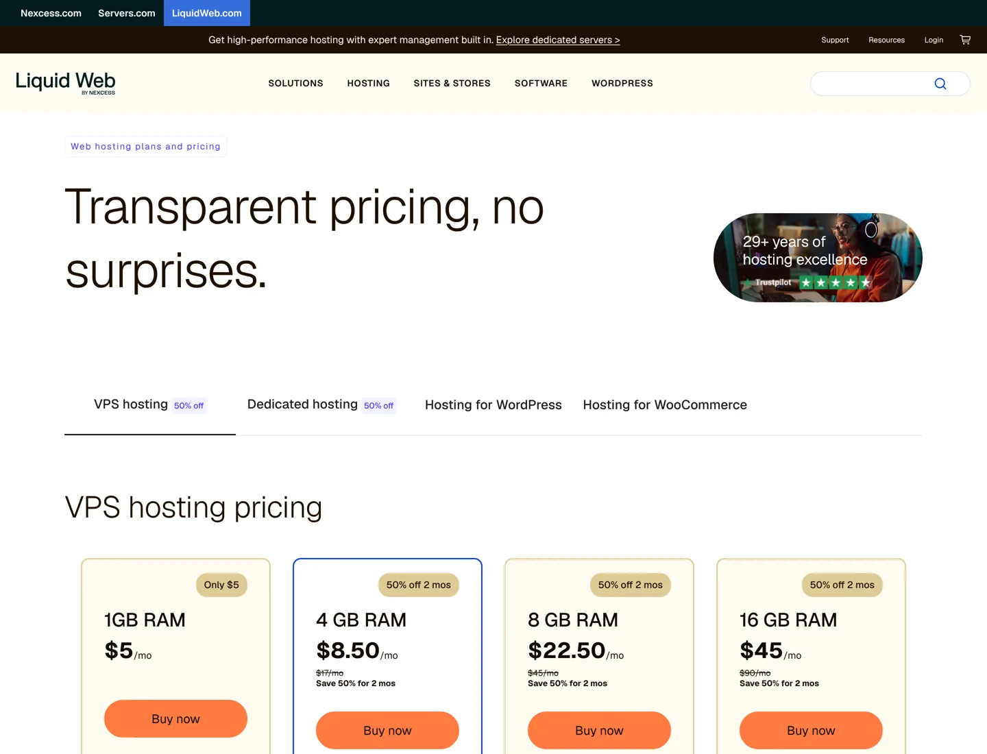 Screenshot of Liquid Web's pricing page with VPS hosting plans.
