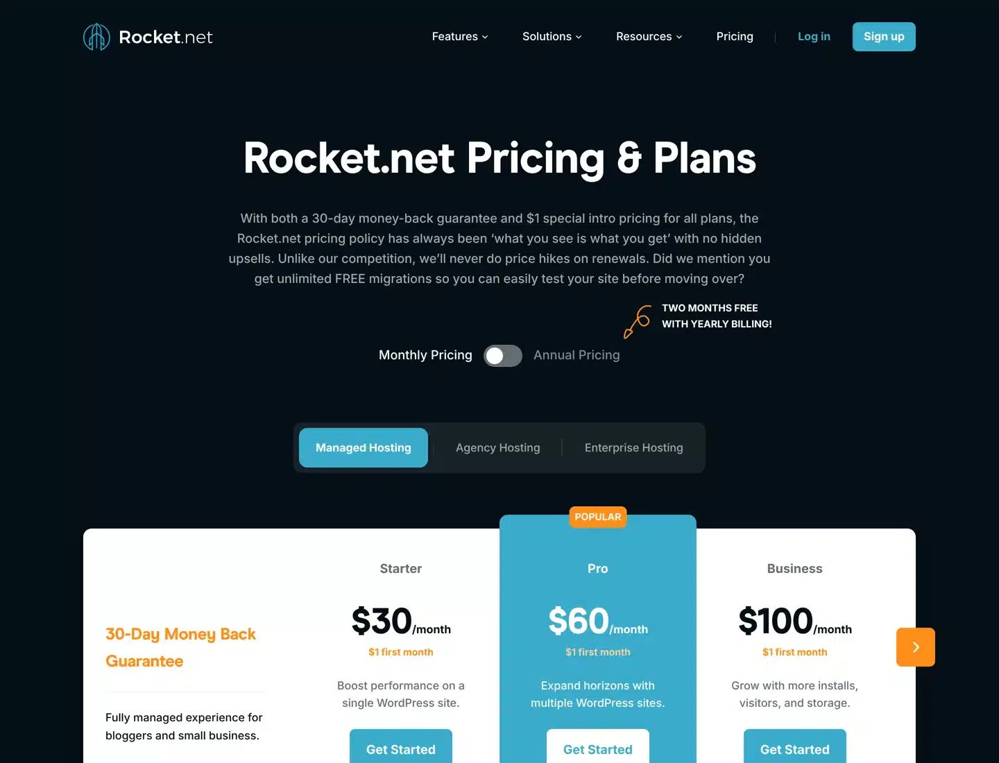 Screenshot of Rocket.net's pricing page with the Starter, Pro, Business and Expert plans.