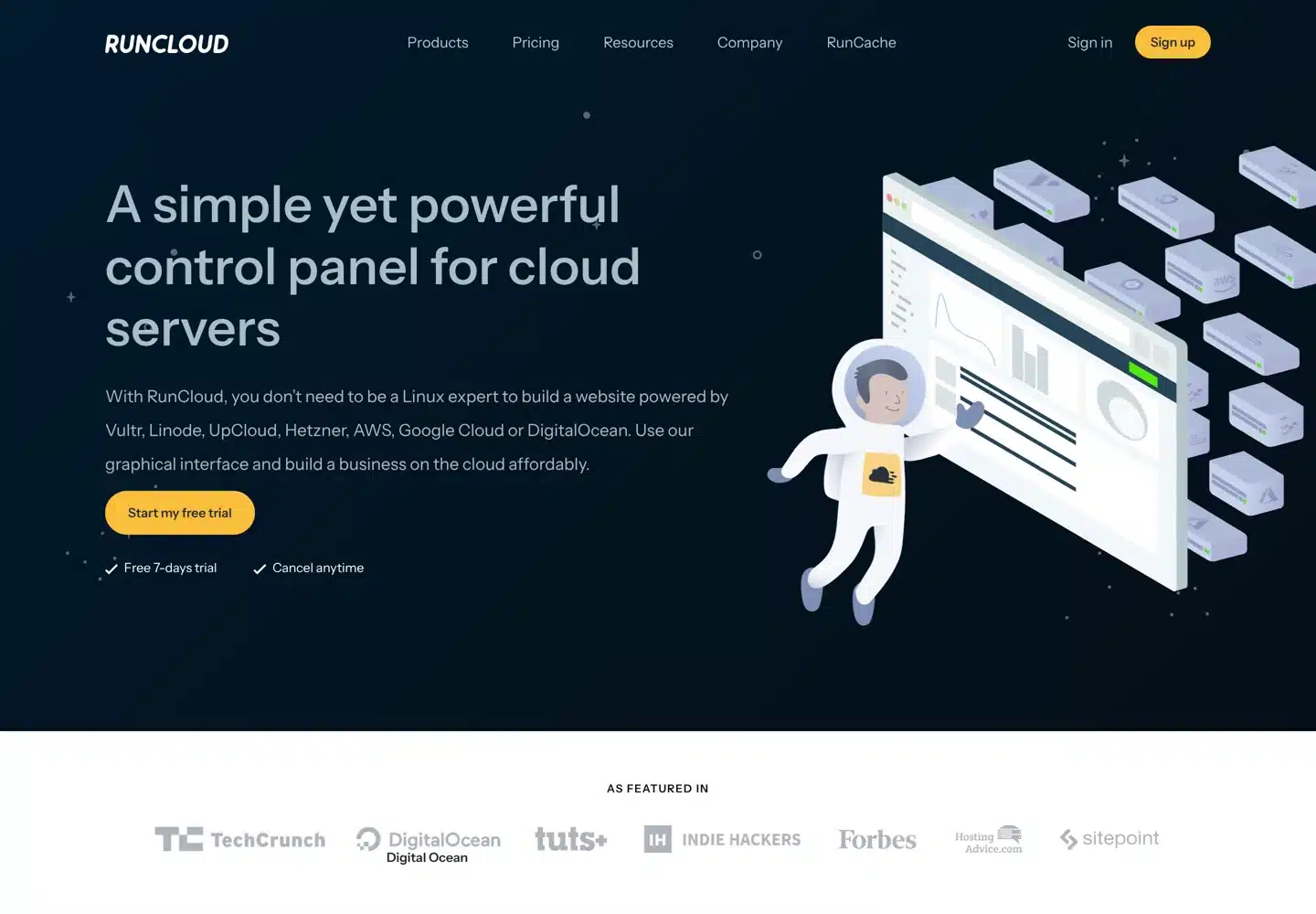 Screenshot of RunCloud's home page.
