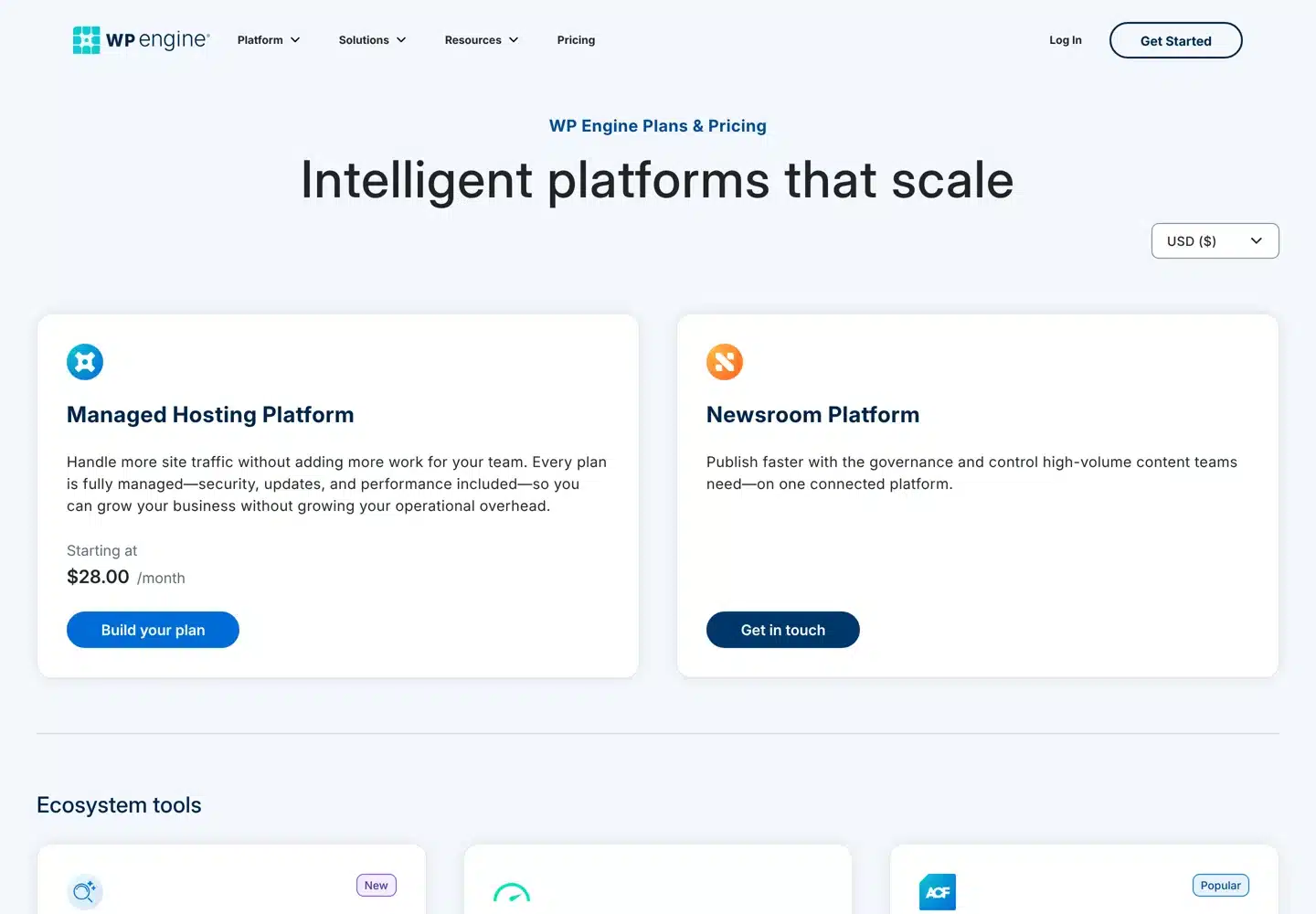 Screenshot of WP Engine's plans and pricing page.