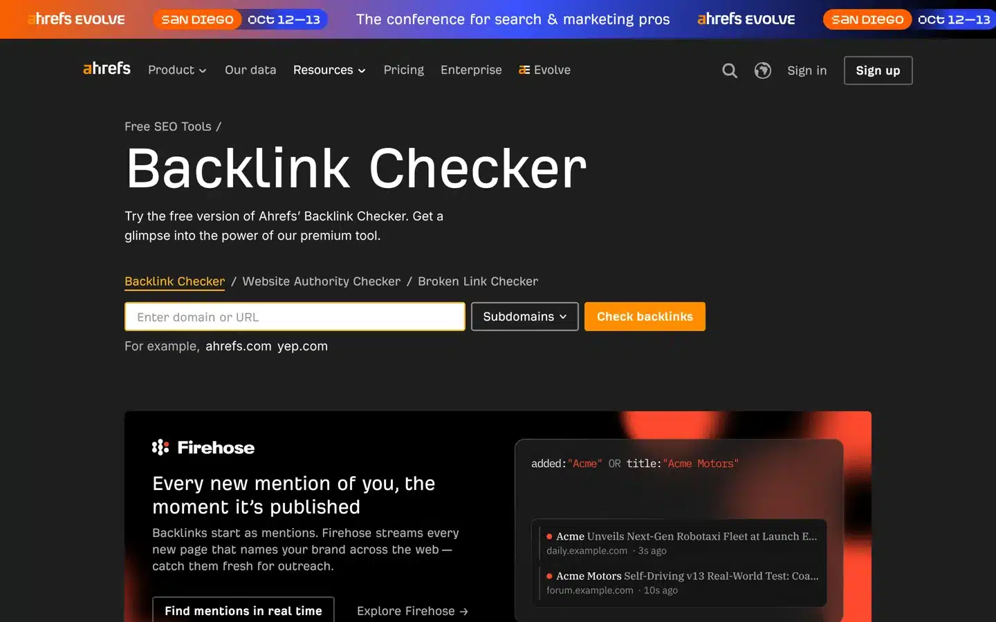 Screenshot of Ahrefs' free Backlink Checker page with the domain input box.