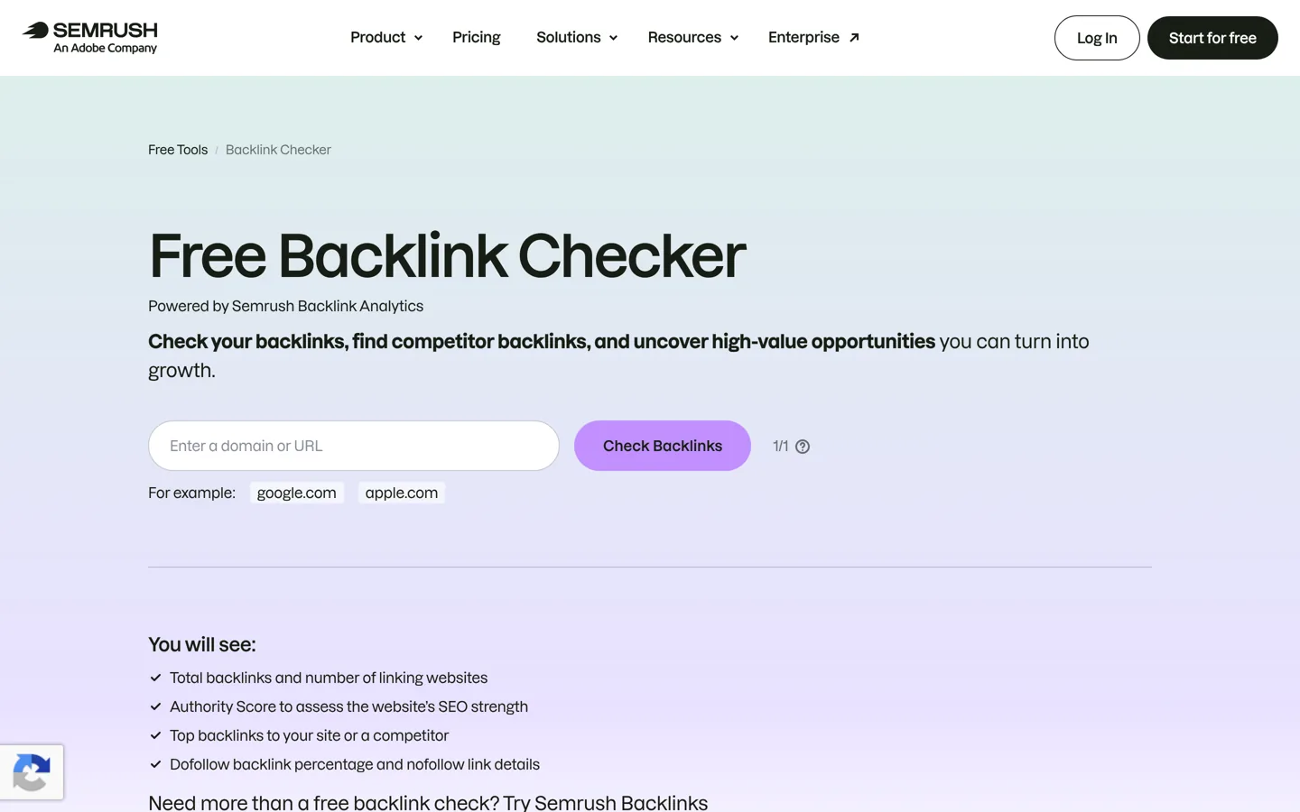 Screenshot of Semrush's free backlink checker page.