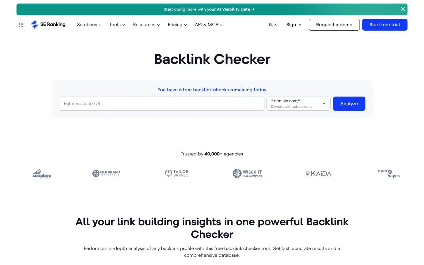 Screenshot of SE Ranking's free backlink checker page.