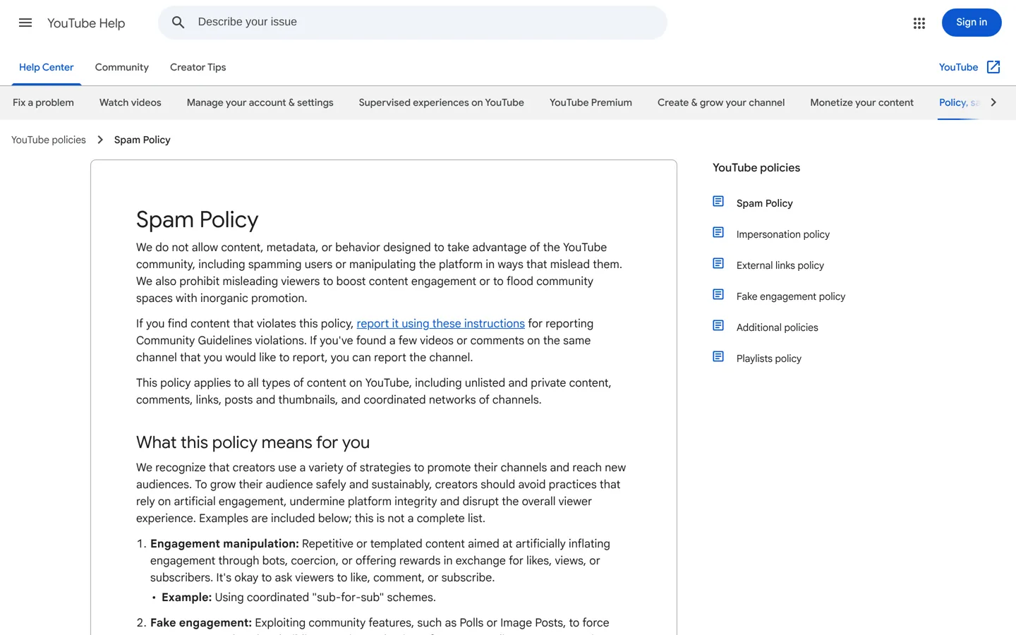 Screenshot of YouTube's spam policy on engagement manipulation.