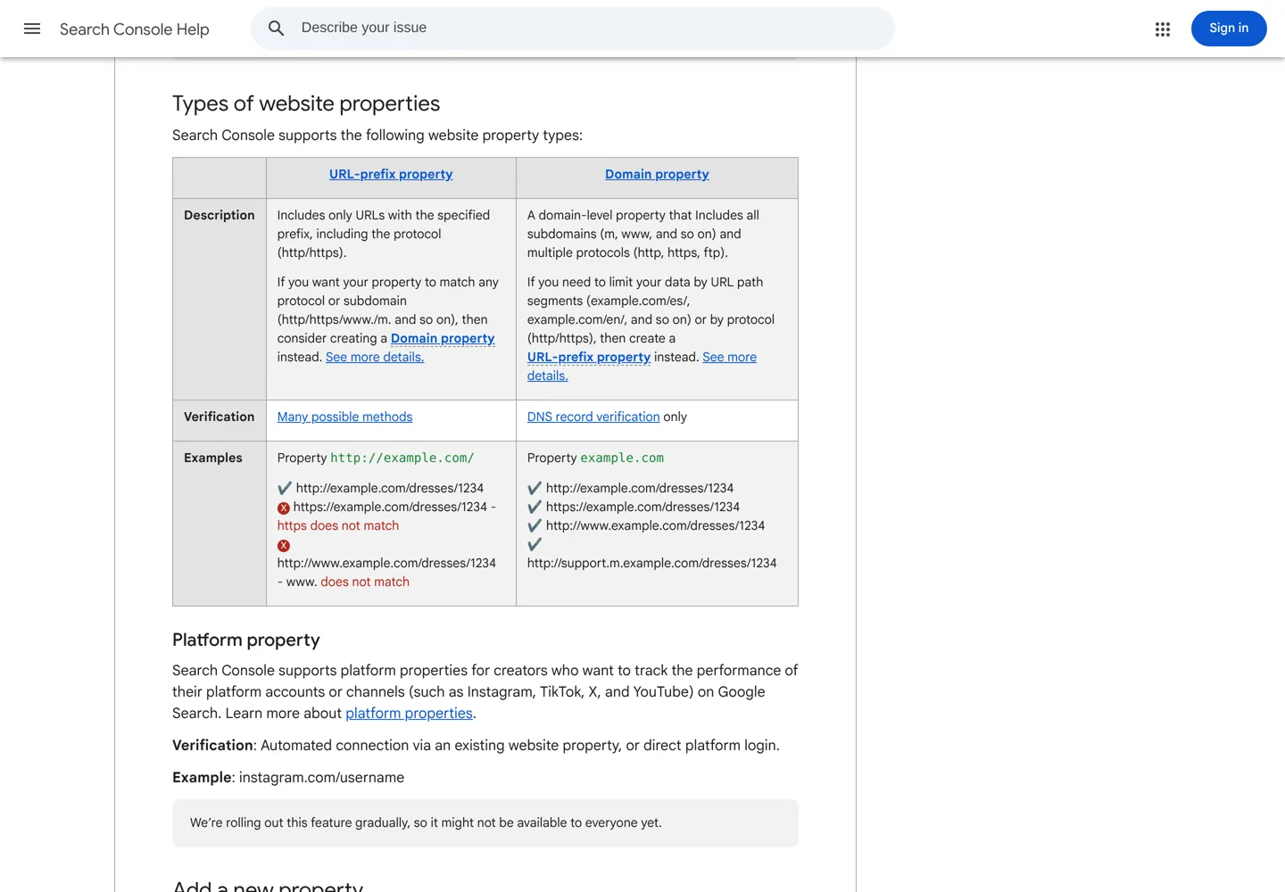 Screenshot of Google's Search Console Help page on adding a property, comparing Domain and URL-prefix properties.