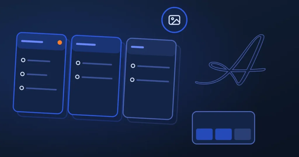 Line drawing of a media player beside the site's A, in midnight and blue