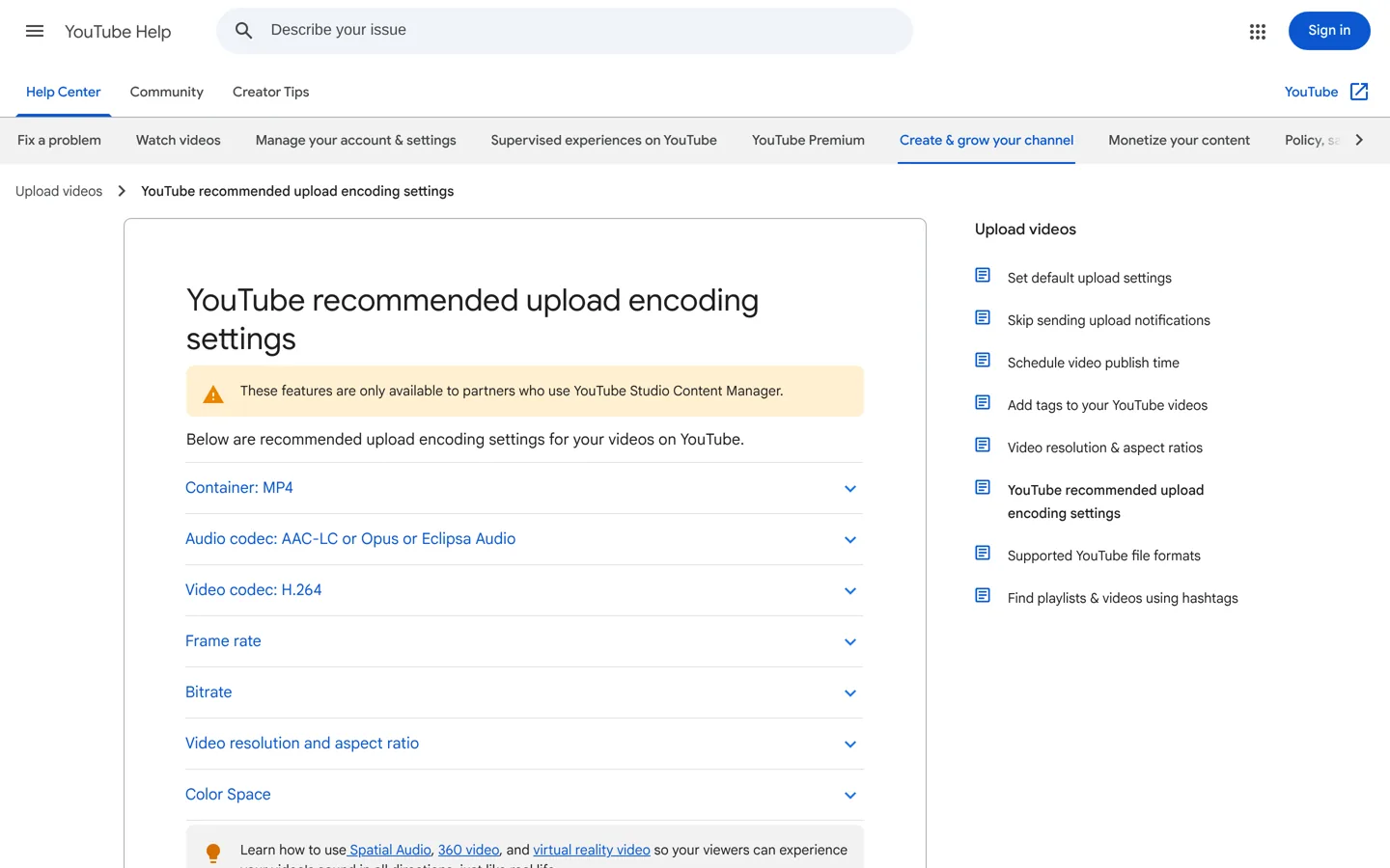 Screenshot of YouTube Help's recommended upload encoding settings.