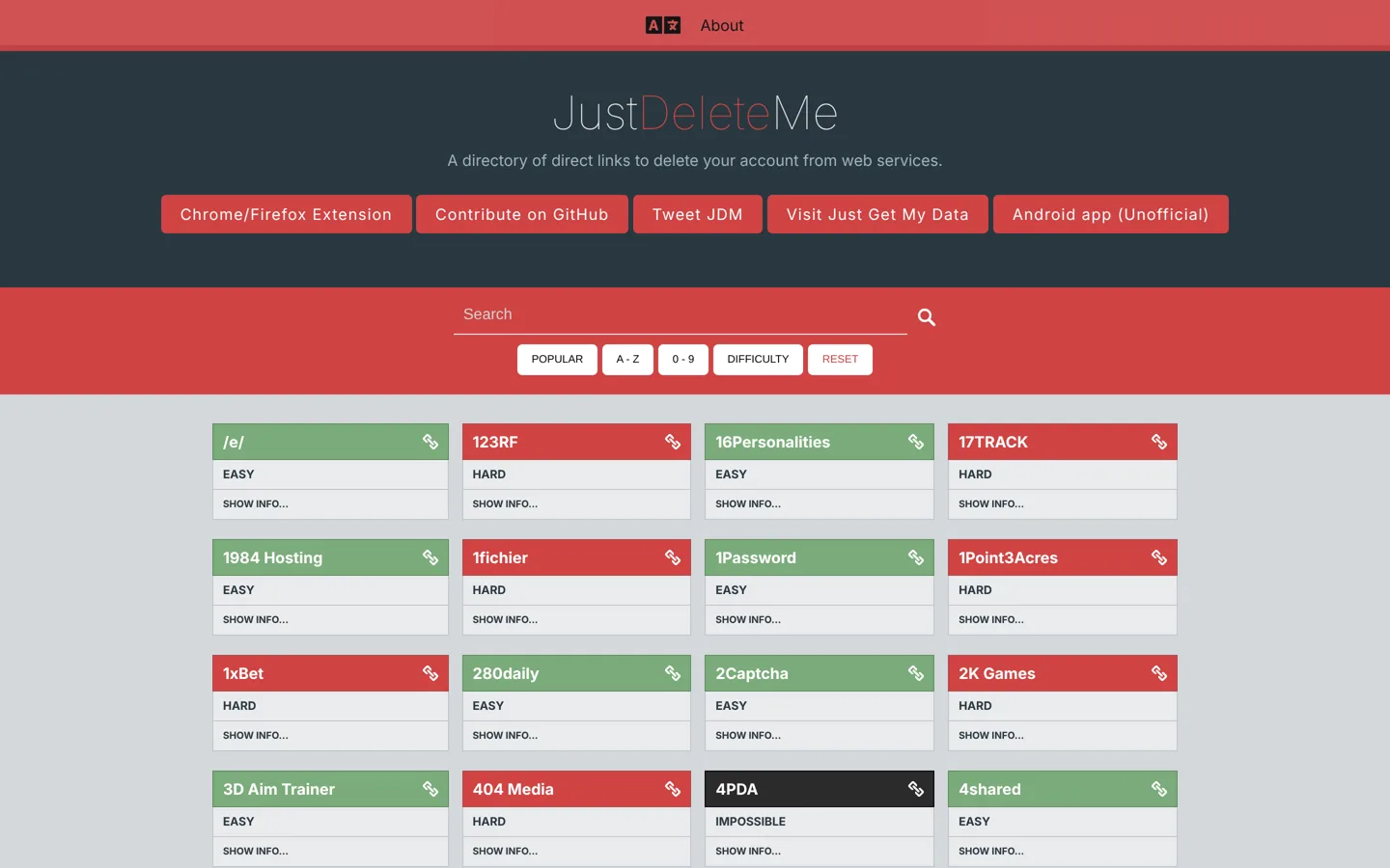 Screenshot of the JustDeleteMe directory with colour-coded difficulty labels.
