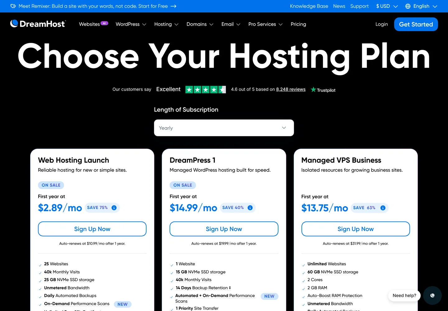 Screenshot of DreamHost's hosting plans with first-year and auto-renew prices shown side by side.