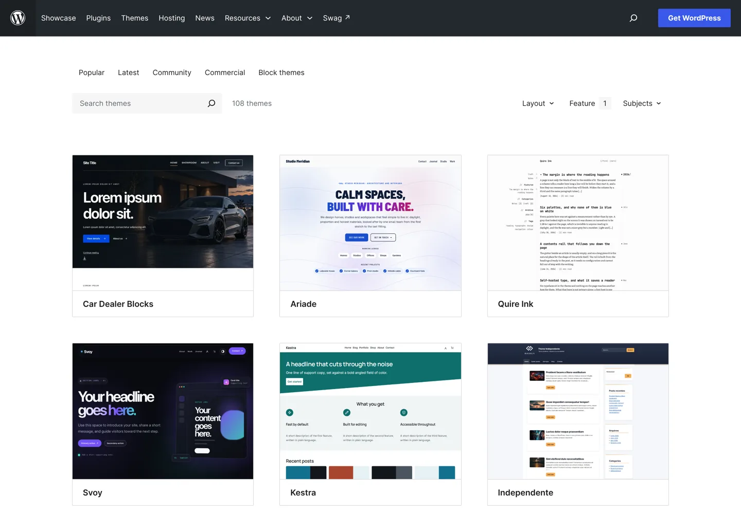 Screenshot of the accessibility-ready themes in the WordPress.org theme directory.