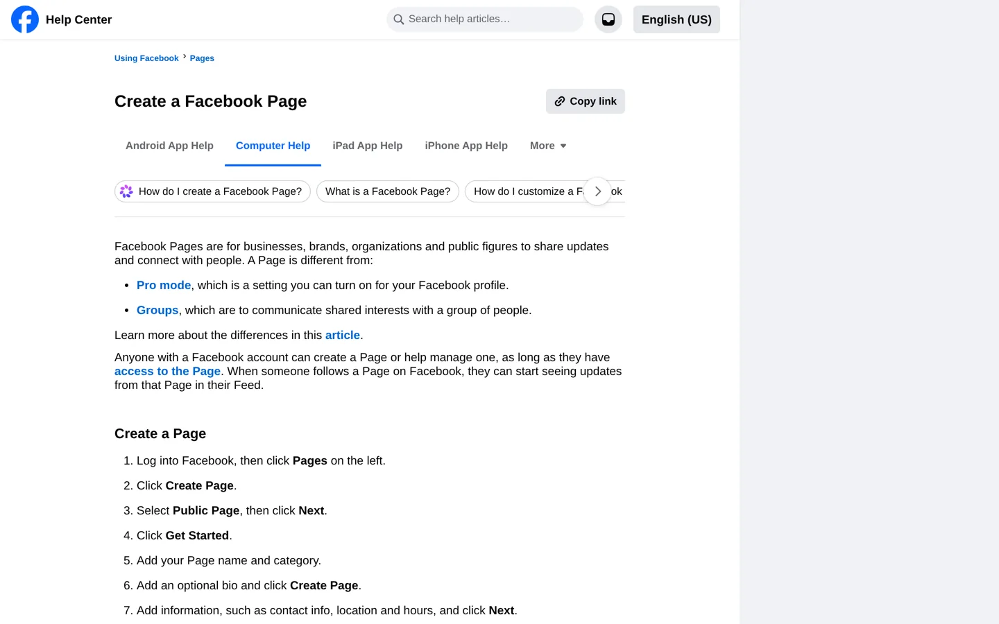 Screenshot of Facebook's help page on creating a Facebook Page.