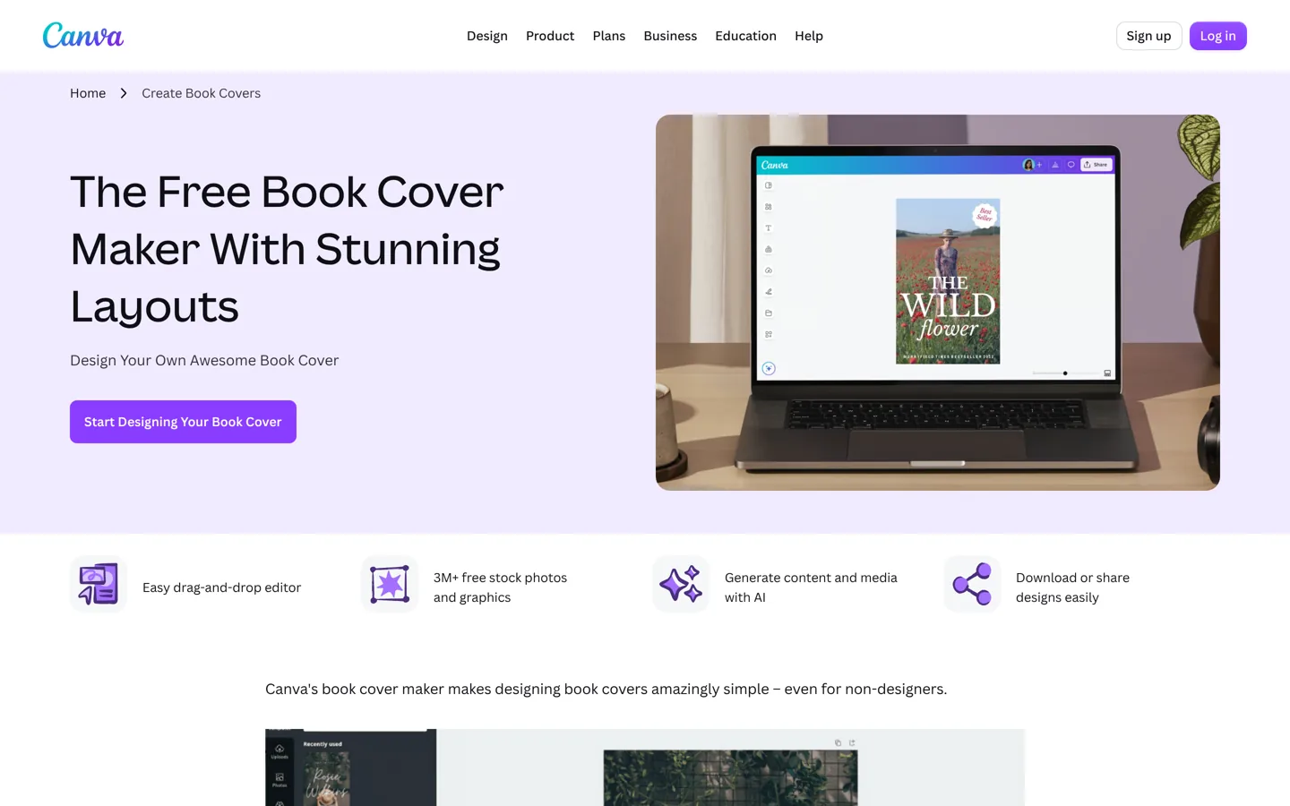 Screenshot of Canva's free book cover maker page.