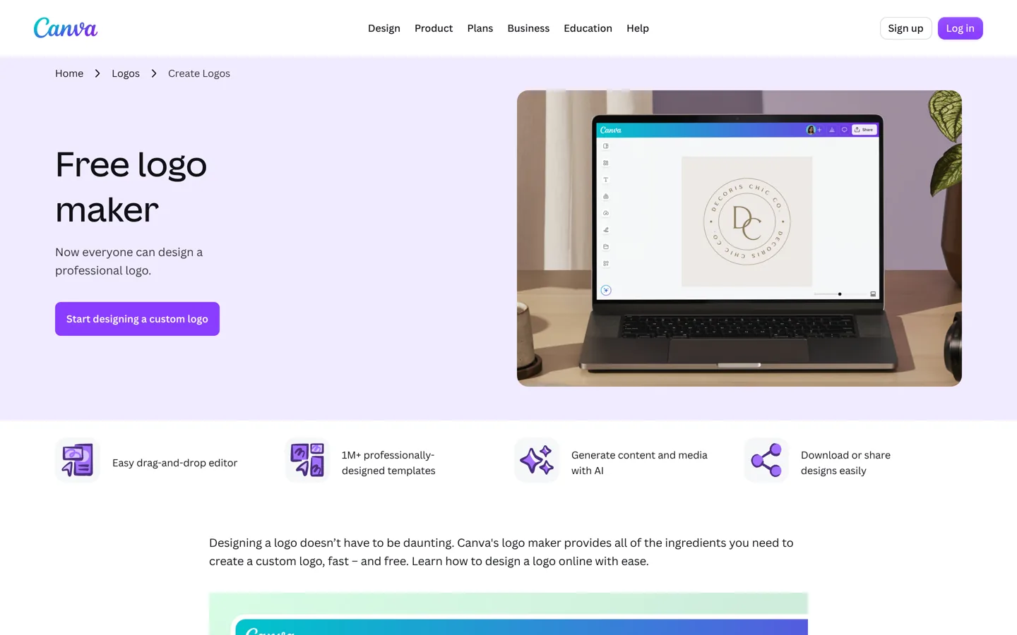 Screenshot of Canva's free logo maker page.