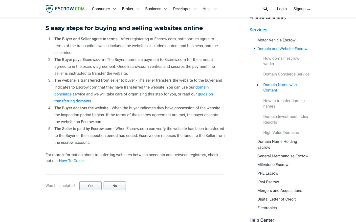 Screenshot of Escrow.com's page on buying and selling websites, with its five-step process.
