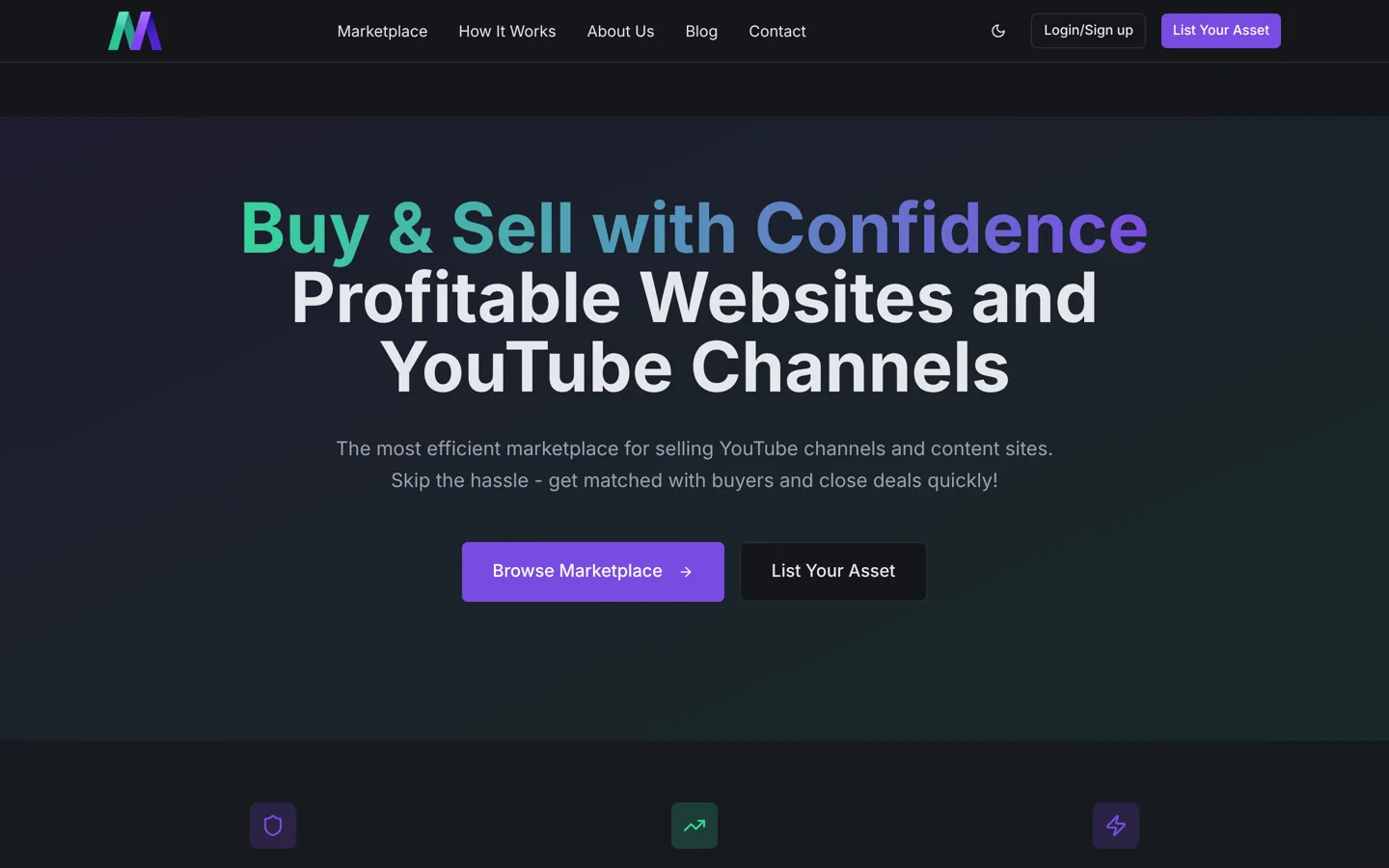 Screenshot of the Motion Invest home page, a marketplace for content websites and YouTube channels.