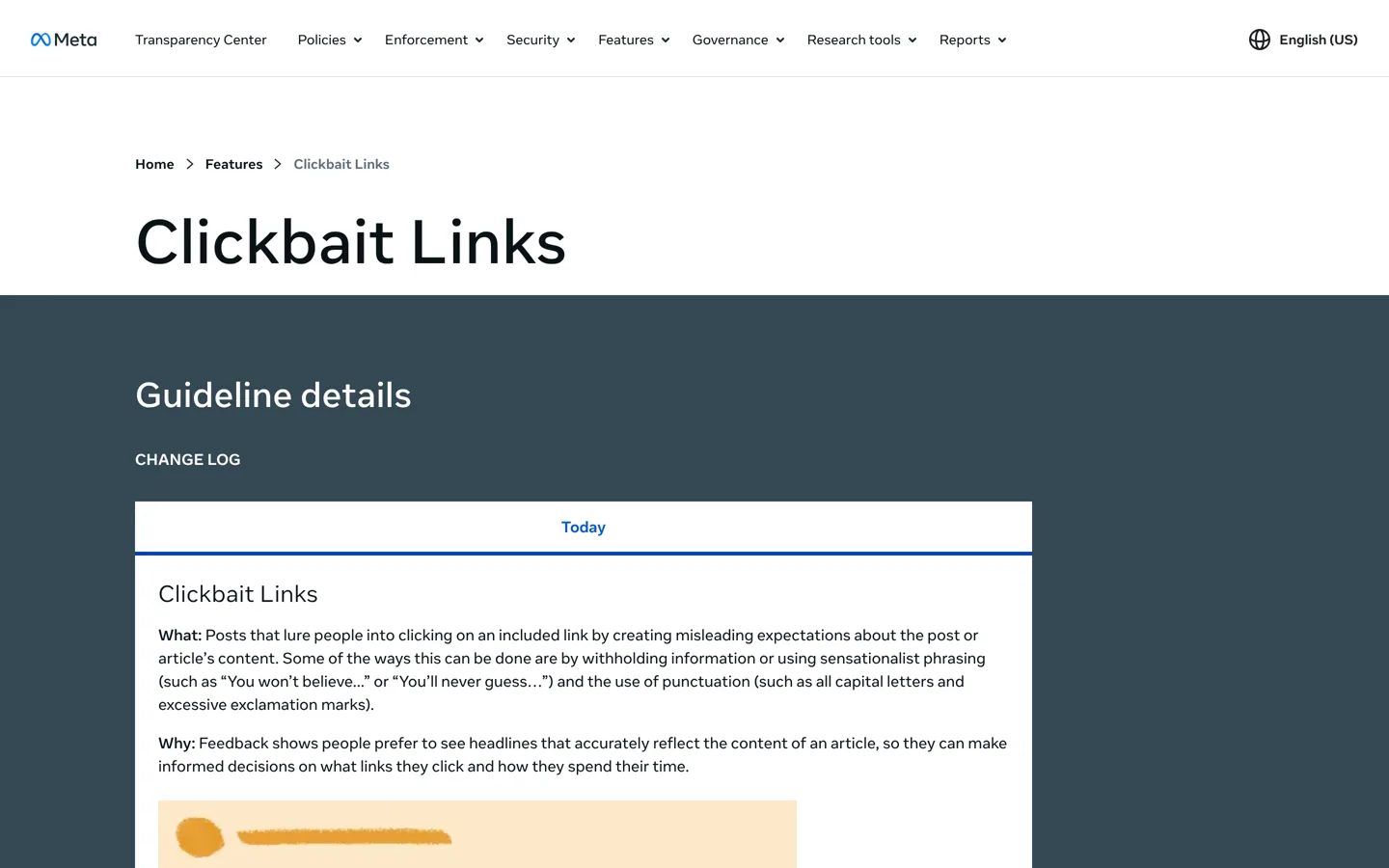 Screenshot of Meta Transparency Center page on clickbait links.