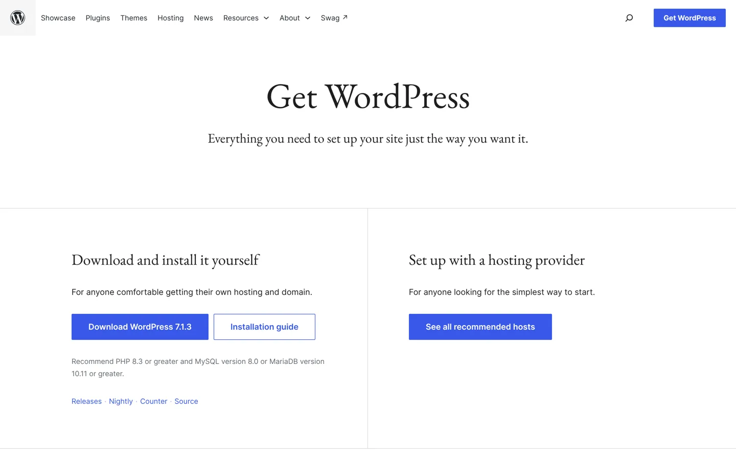 Screenshot of the Download WordPress page on WordPress.org.