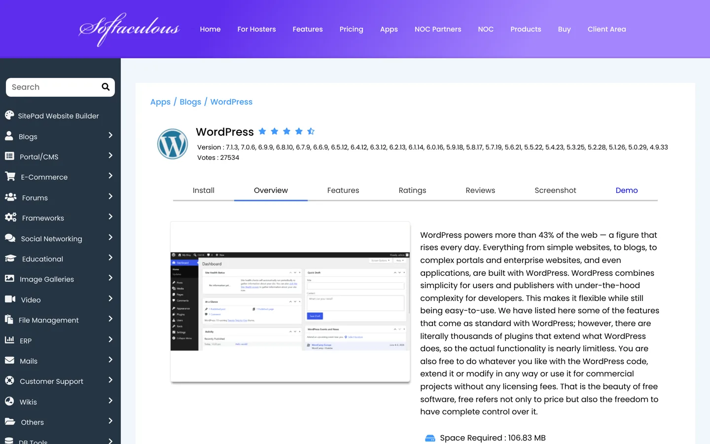 Screenshot of the WordPress page in the Softaculous app directory.