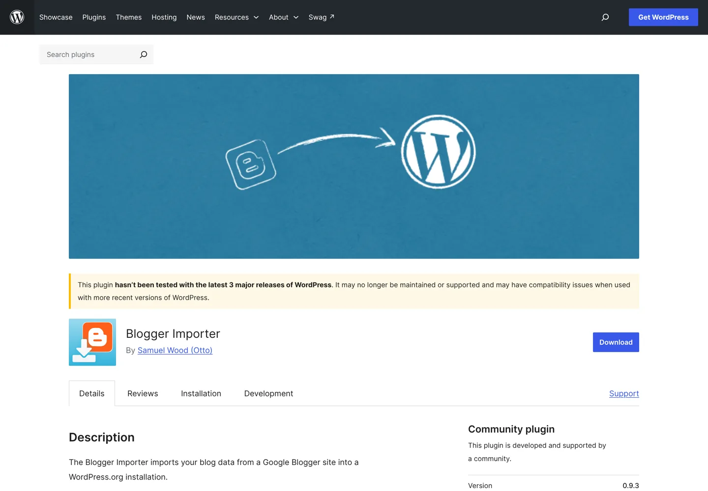 Screenshot of the Blogger Importer plugin page on WordPress.org.