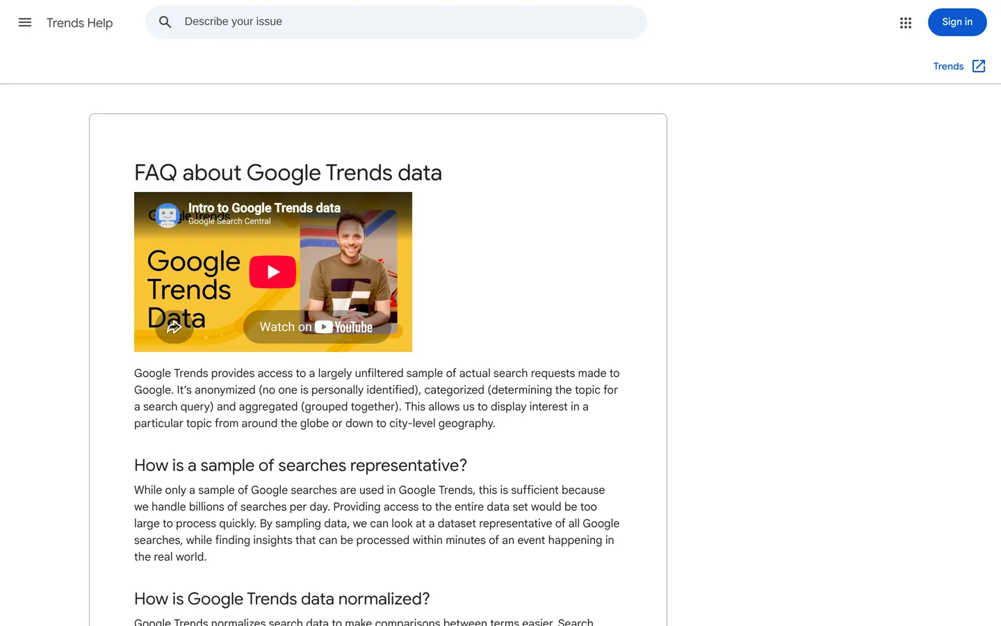 Screenshot of Google Trends Help explaining how Trends data is adjusted.