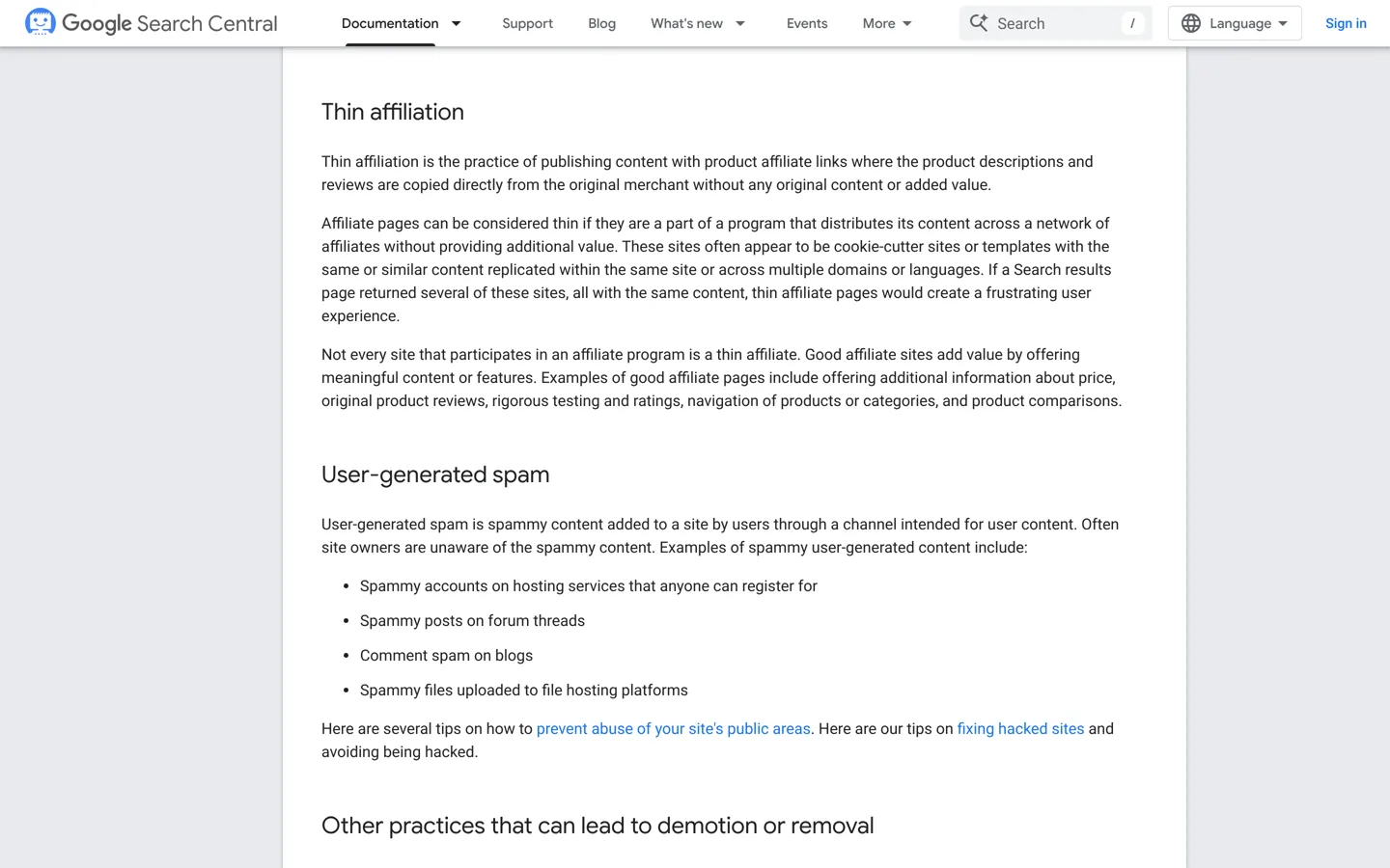 Screenshot of Google's spam policies section on thin affiliation.