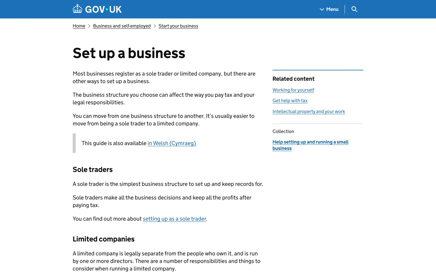 Screenshot of GOV.UK's Set up a business page.