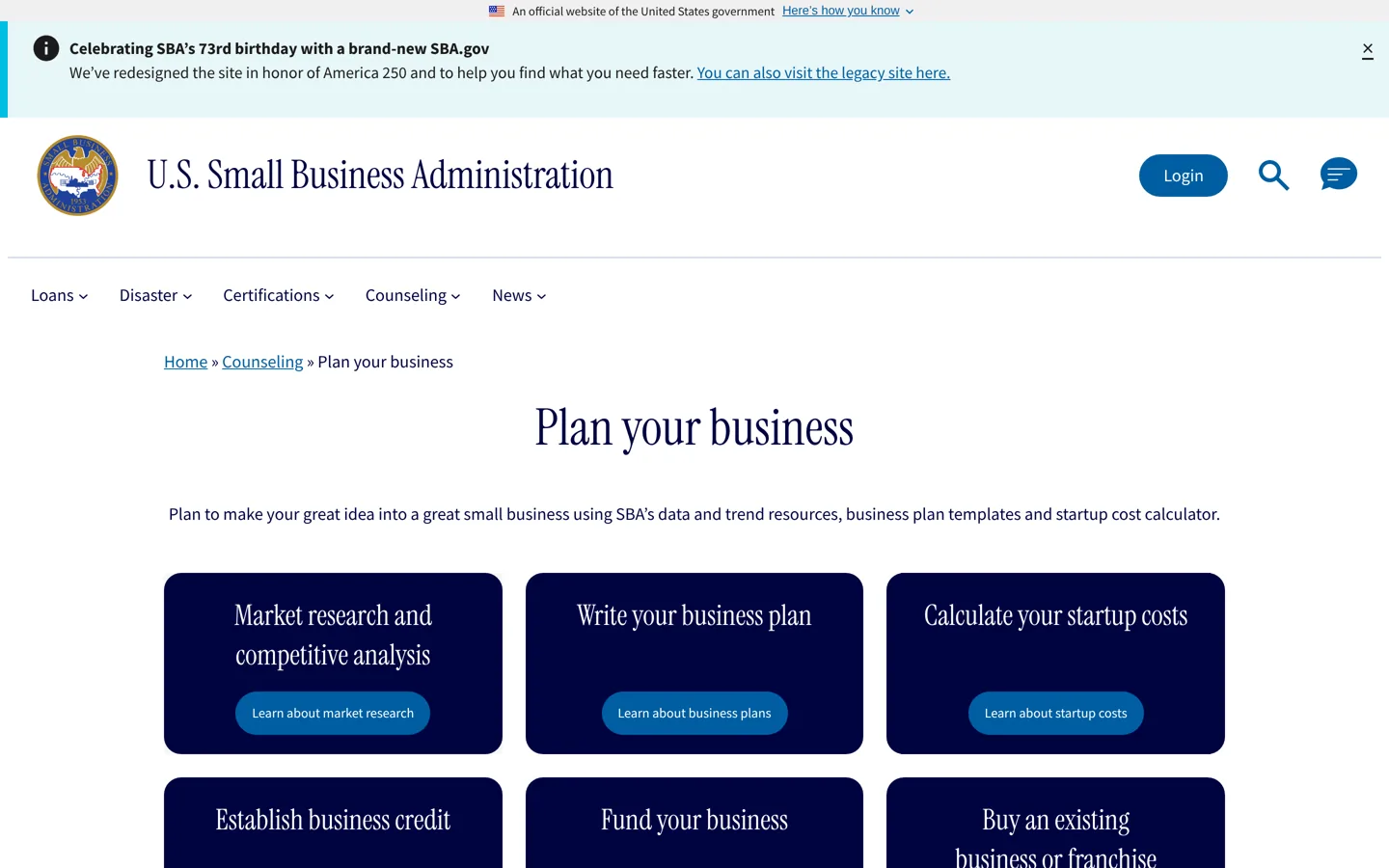 Screenshot of the US Small Business Administration's Plan your business page.