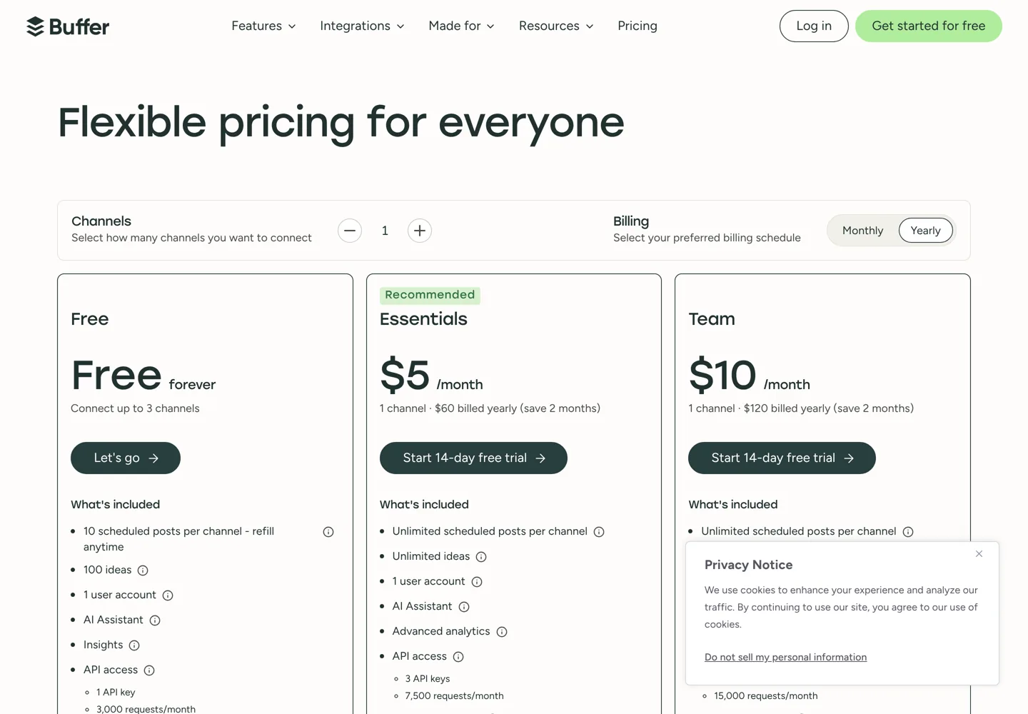 Screenshot of Buffer's pricing page with its Free, Essentials and Team plans.
