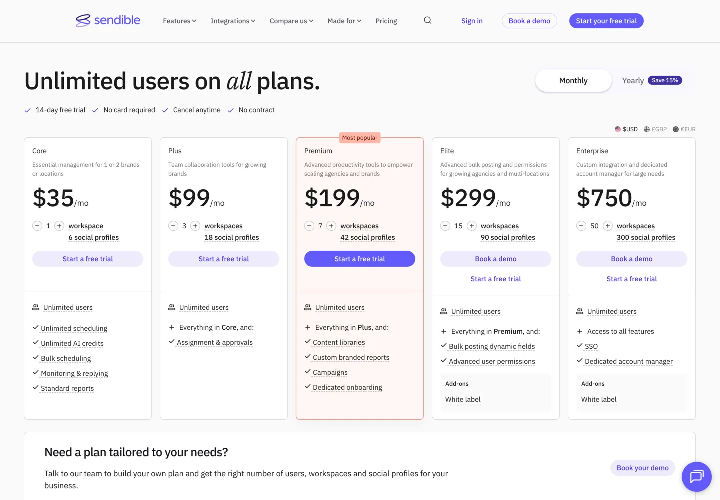Screenshot of Sendible's pricing page with its Core, Plus, Premium and Elite plans.