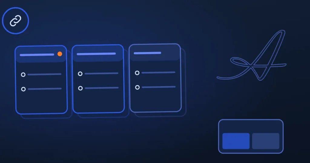 Line drawing of linked nodes beside the site's A, in midnight and blue