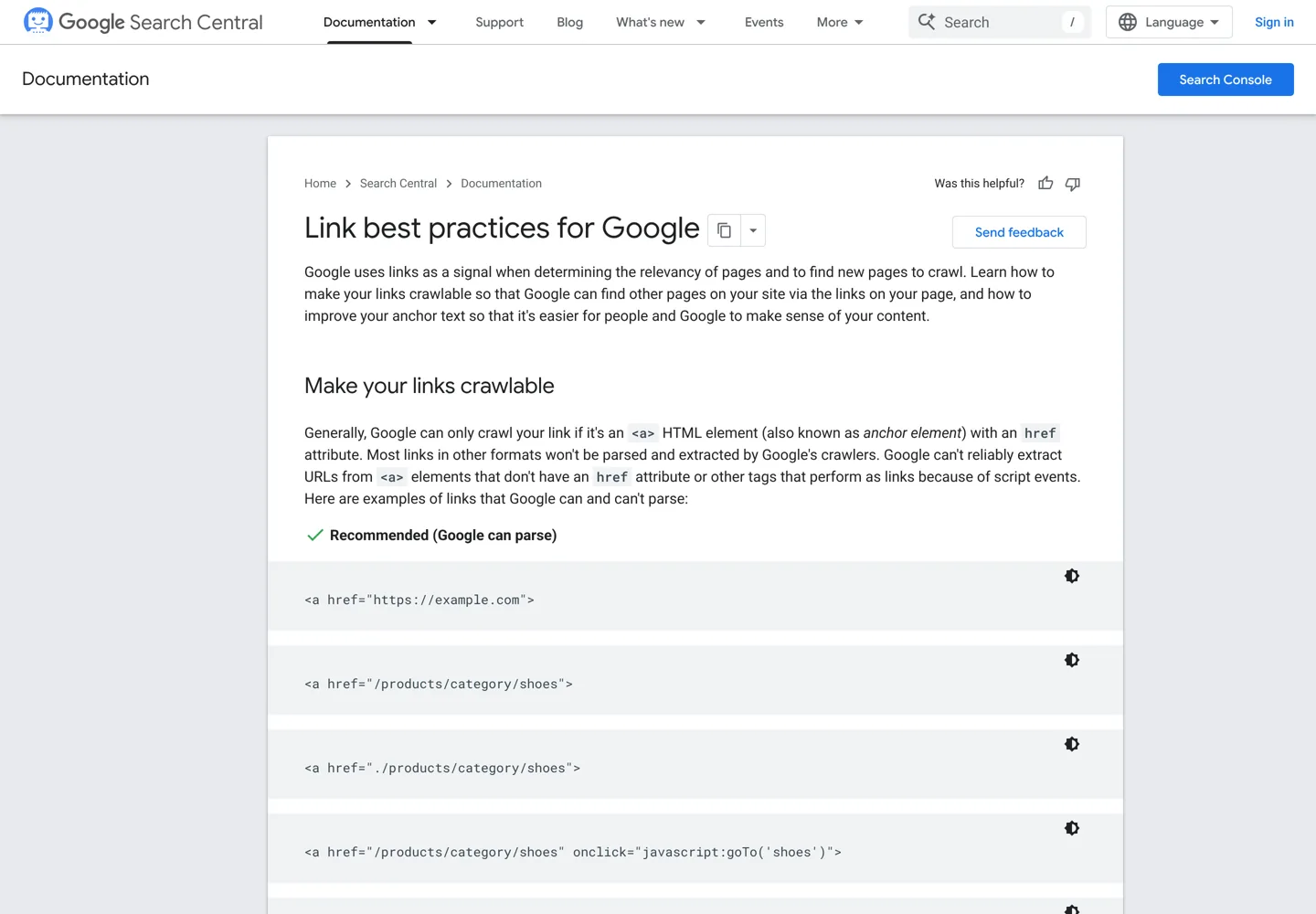 Screenshot of Google Search Central's Link best practices for Google page.