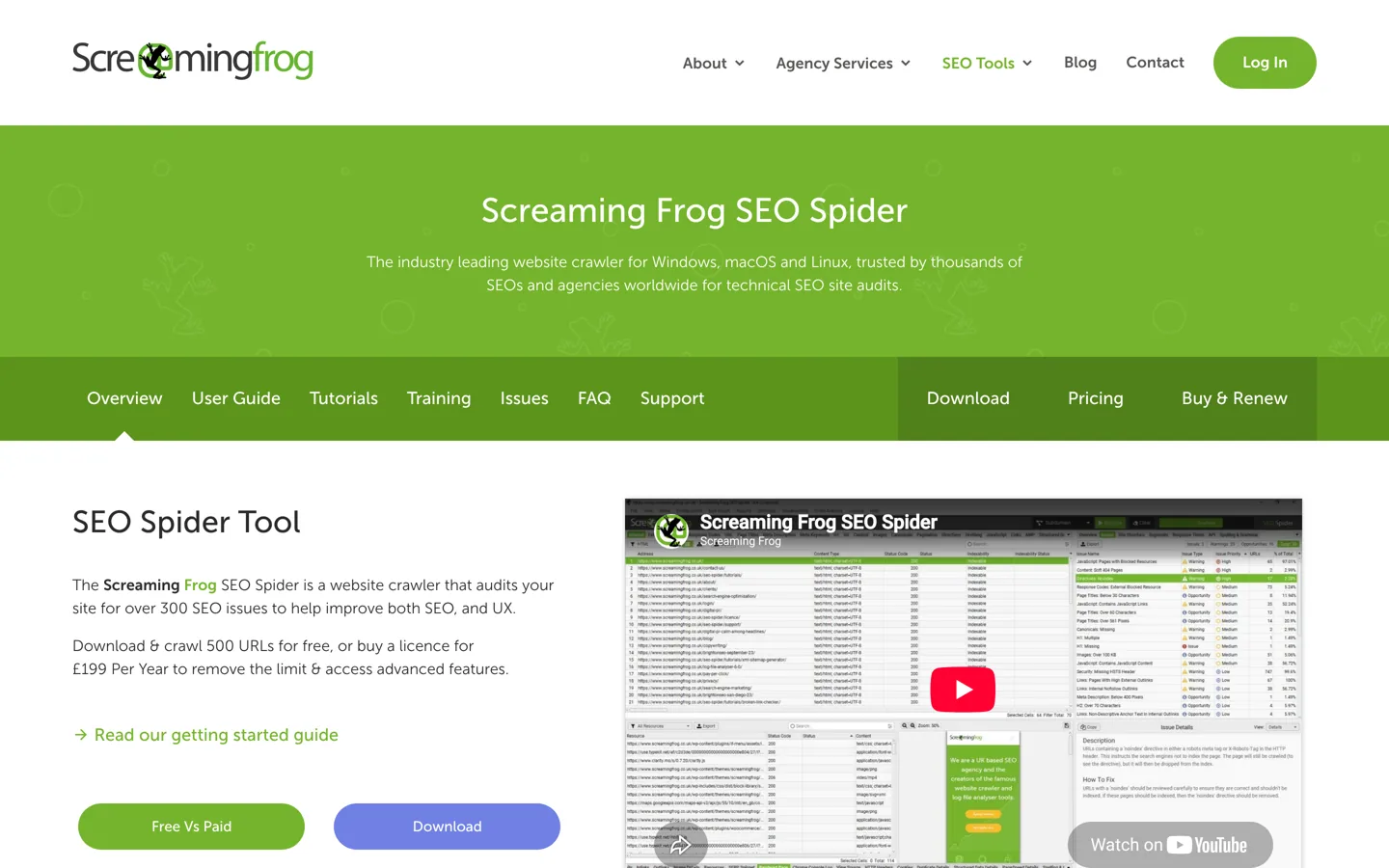 Screenshot of the Screaming Frog SEO Spider page, which offers 500 URLs per crawl free.