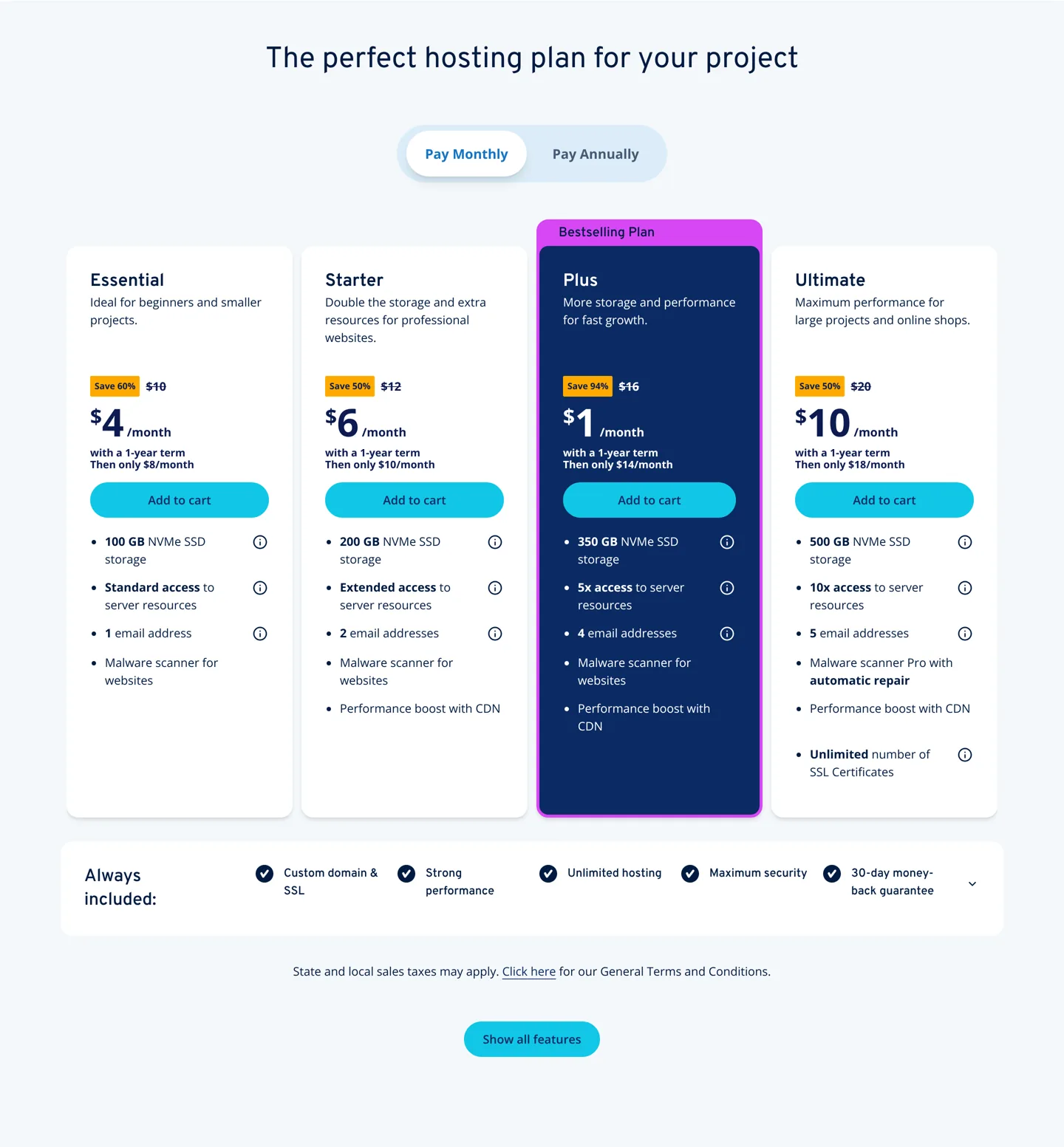 Screenshot of IONOS's web hosting plans: Essential, Starter, Plus and Ultimate with first-year and renewal prices.