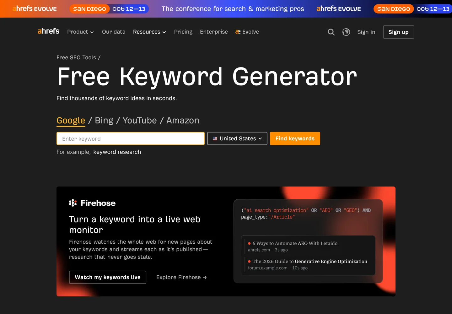 Screenshot of Ahrefs' free Keyword Generator, where you enter up to ten words or phrases.