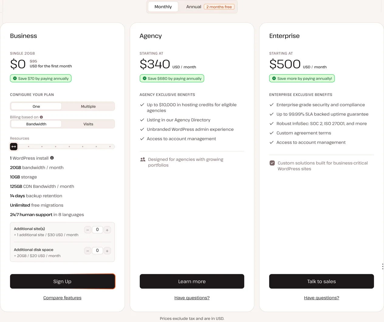 Screenshot of Kinsta's pricing page with the Monthly option selected, showing the single-site Business plan, Agency and Enterprise plans.