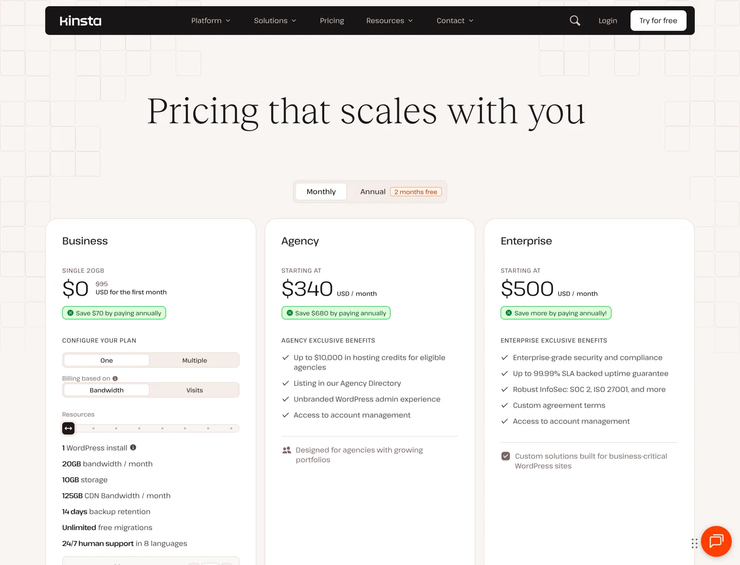 Screenshot of Kinsta's pricing page with the single-site Business plan, Monthly selected.