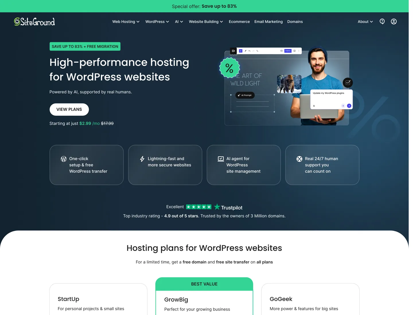 Screenshot of SiteGround's WordPress hosting plans with first-year and renewal prices.